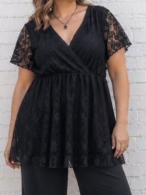 Whimsigoth Black Lace Babydoll Tunic Top V-Neck Empire Waist Peplum SZ 1X/2X